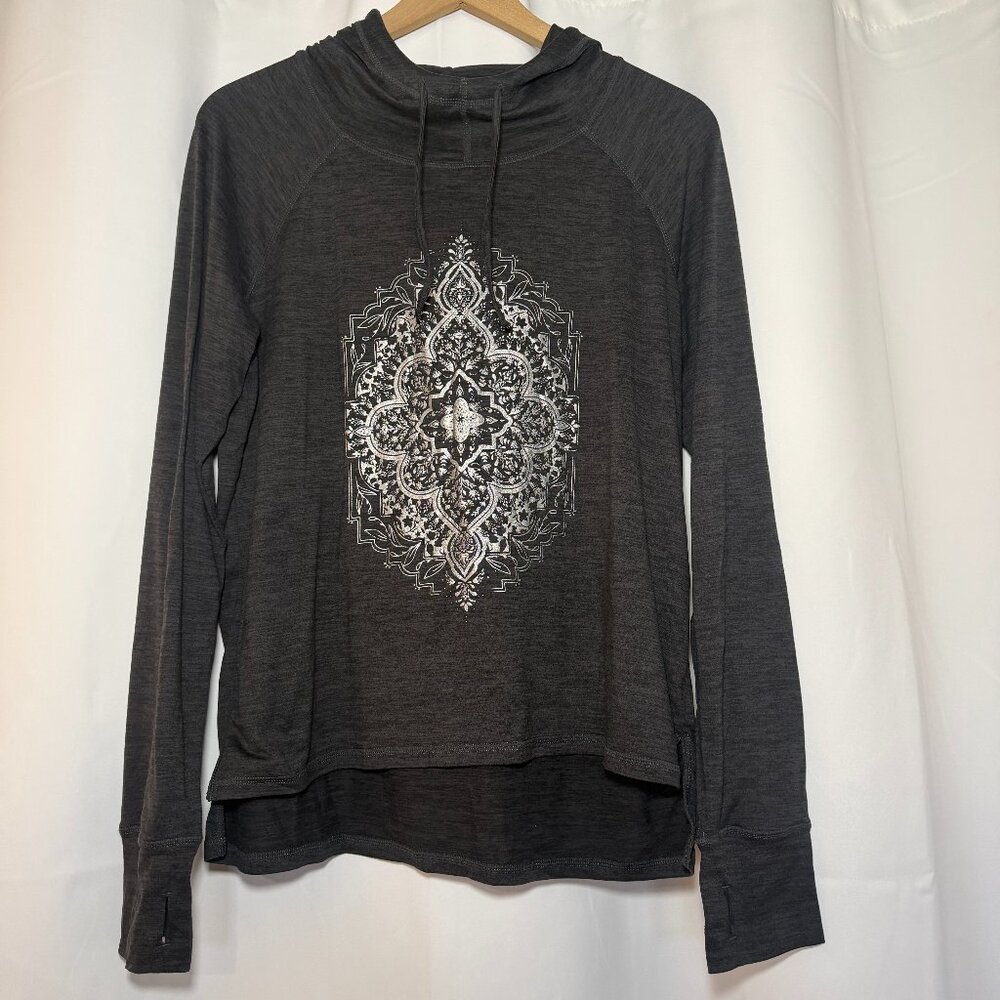 Gaiam Yoga Graphic Hoodie Womens L Gray Silver Mandala Thumbholes Athletic EUC